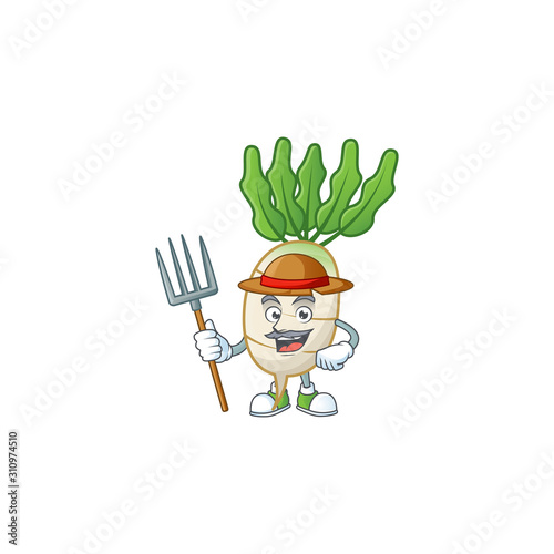 Happy Farmer daikon cartoon mascot with hat and tools