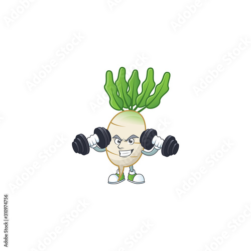 Fitness exercise daikon mascot icon with barbells