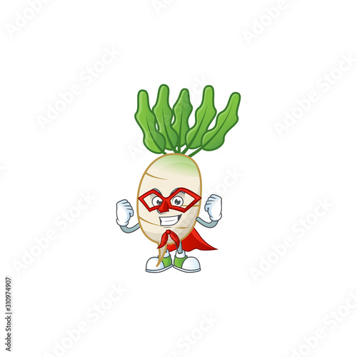 A cartoon of daikon with Super hero costume
