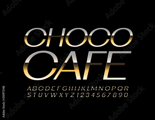 Vector chic logo Choco Cafe with Golden Alphabet Letters and Numbers. Shiny luxury Font