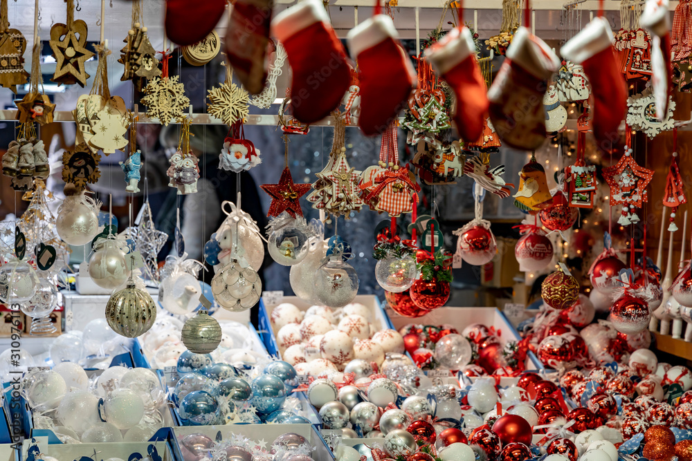 Christmas market fair kiosk with handcrafted  christmas decorations.
