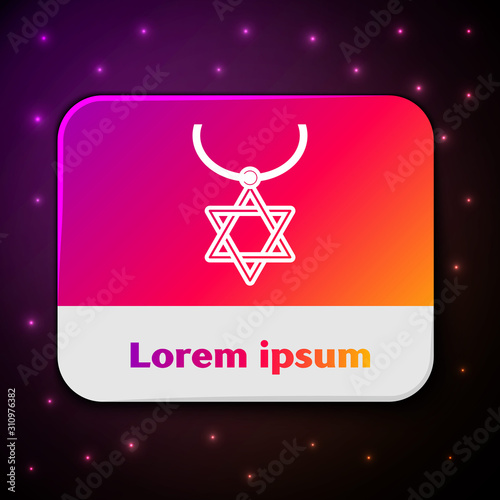 White line Star of David necklace on chain icon isolated on black background. Jewish religion symbol. Symbol of Israel. Jewellery and accessory. Rectangle color button. Vector Illustration