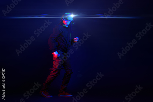 Man with virtual reality headset. Image with glitch effect