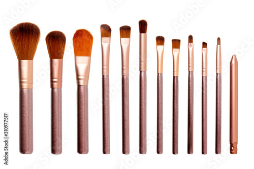 Makeup cosmetic brushes collection isolated on a white background. Top view.