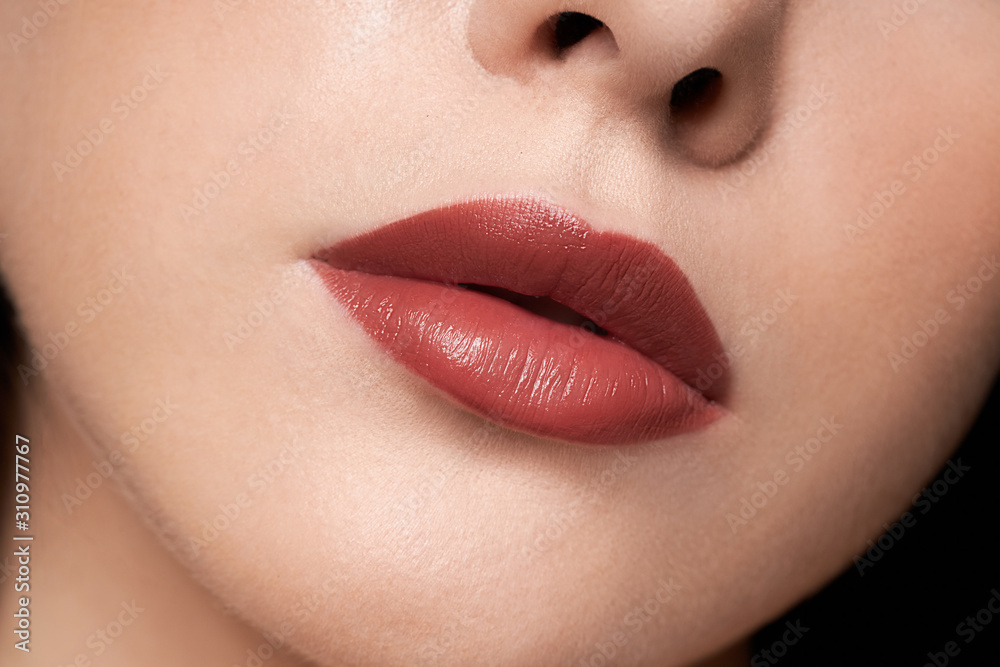 Perfect red lips makeup. Close up macro photo with a beautiful female mouth. Full lips full. Large detail of the face. Perfect clear skin, light fresh lip makeup. Perfect red lips makeup. Close up macro photo with a beautiful female mouth. Full lips full. Large detail of the face. Perfect clear skin, light fresh lip makeup.