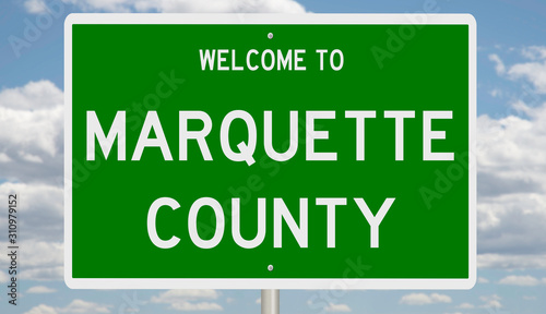 Rendering of a green 3d highway sign for Marquette County