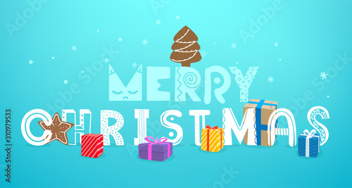 Christmas vector artistic inscription. Vector banner with different holiday accesories. Cartoon style