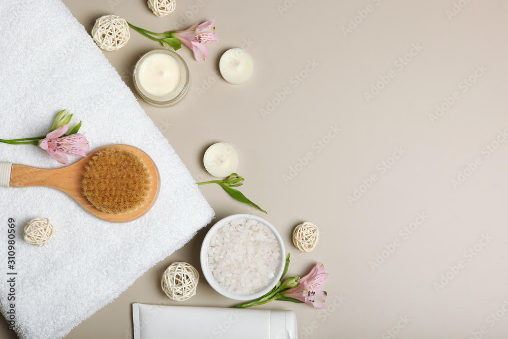 Beautiful spa composition on a table top view with place for text.