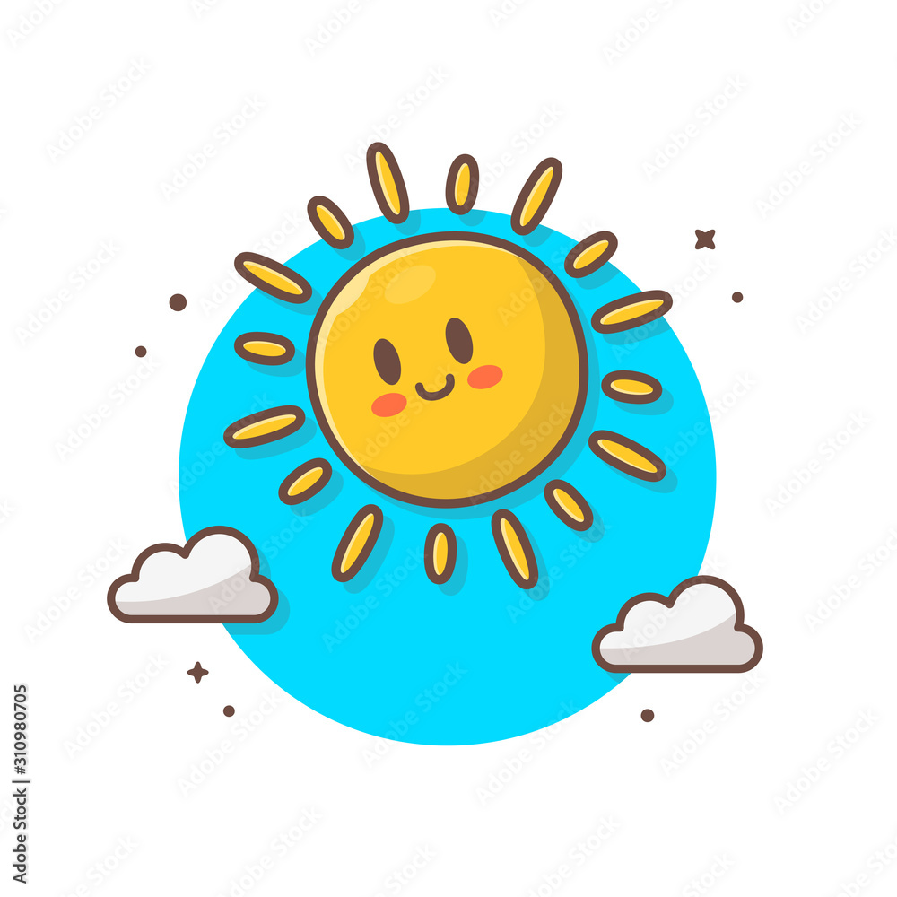 Cute Sun Rise with Clouds Vector Illustration. Drawn Funny Sun in The