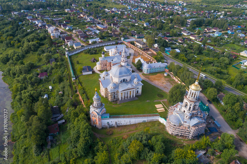 Over the old Borisoglebsky monastery on a July day (aerial photography). Torzhok, Russia