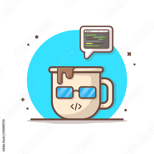 Cute Coffee with Code Illustration. Cafe and Restaurant Menu. Cafe Logo. Programmer. Freelancer. Developer. Flat Cartoon Style Suitable for Web Landing Page,  Banner, Flyer, Sticker, Card, Background