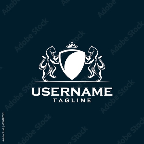 heraldic lion shield logo design inspiration . two lions holding shield royal logo design