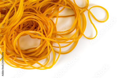 Rubber bands close-up, isolated on white. Office supply.