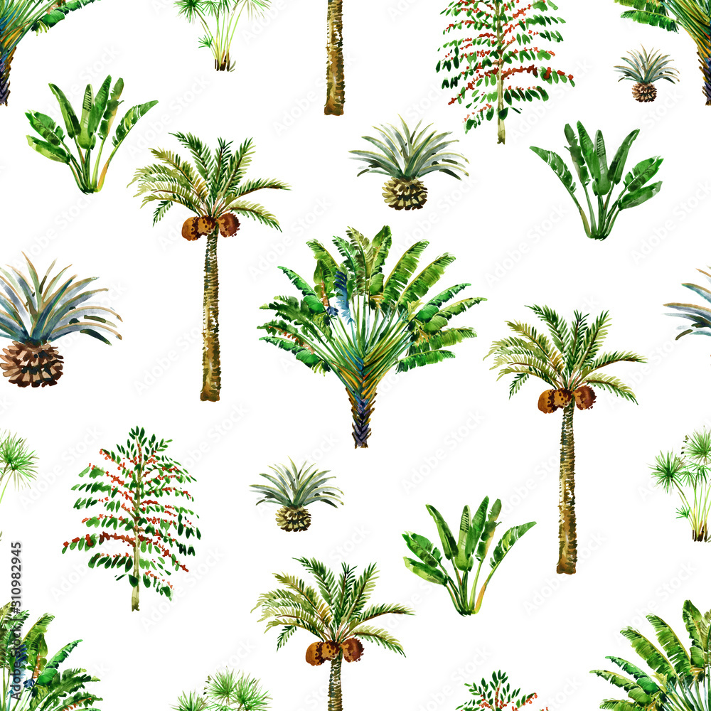 Watercolor seamless patterns with  palm trees. floral summer background