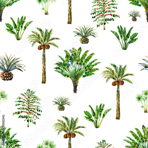 Watercolor seamless patterns with palm trees. floral summer background