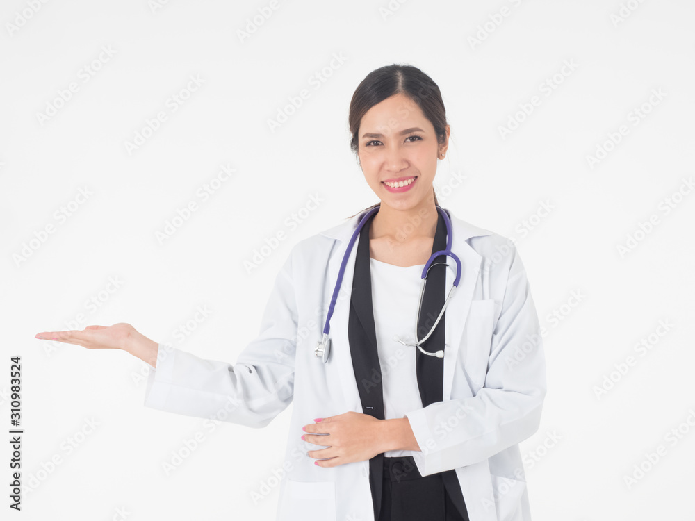 white isolated on background texture image copy space Asian china woman female doctor analysis and biology chemistry beautiful wearing Stethoscope Turn the hand to the right cheerful ready to service white isolated on background texture image copy space Asian china woman female doctor analysis and biology chemistry beautiful wearing Stethoscope Turn the hand to the right cheerful ready to service