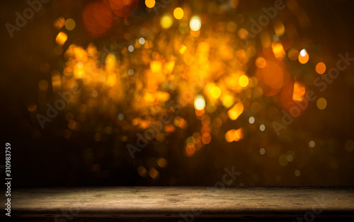 Empty wooden table and blurred cafe background  product display