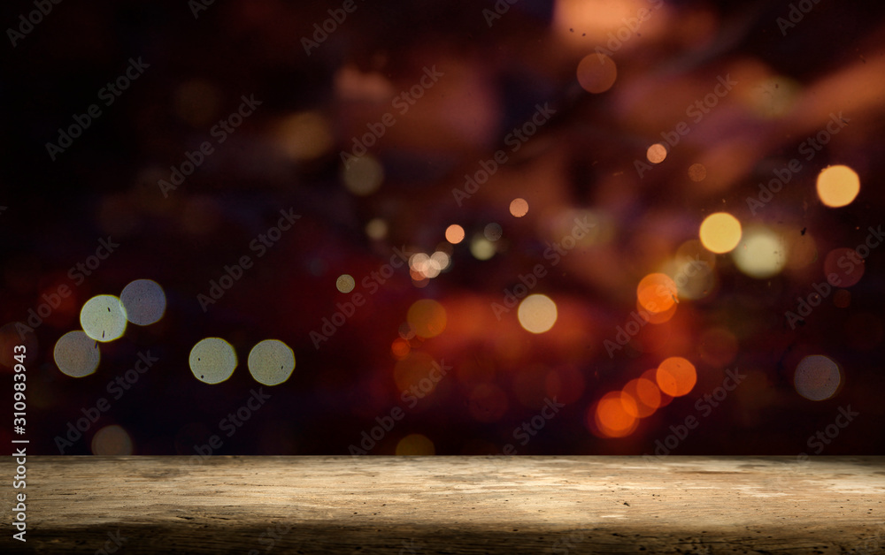 Empty wooden table and blurred cafe background, product display