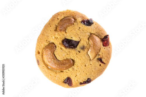 Top view of chocolate chips cookies and cashew nuts isolated on white background, flat lay of sweet and dessert with raisins seeds photo