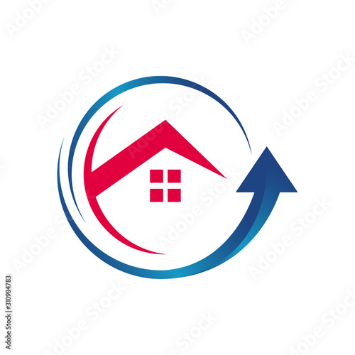 home improvement logo vector icon Stylist House and Roof Sign with Up Arrow Symbol