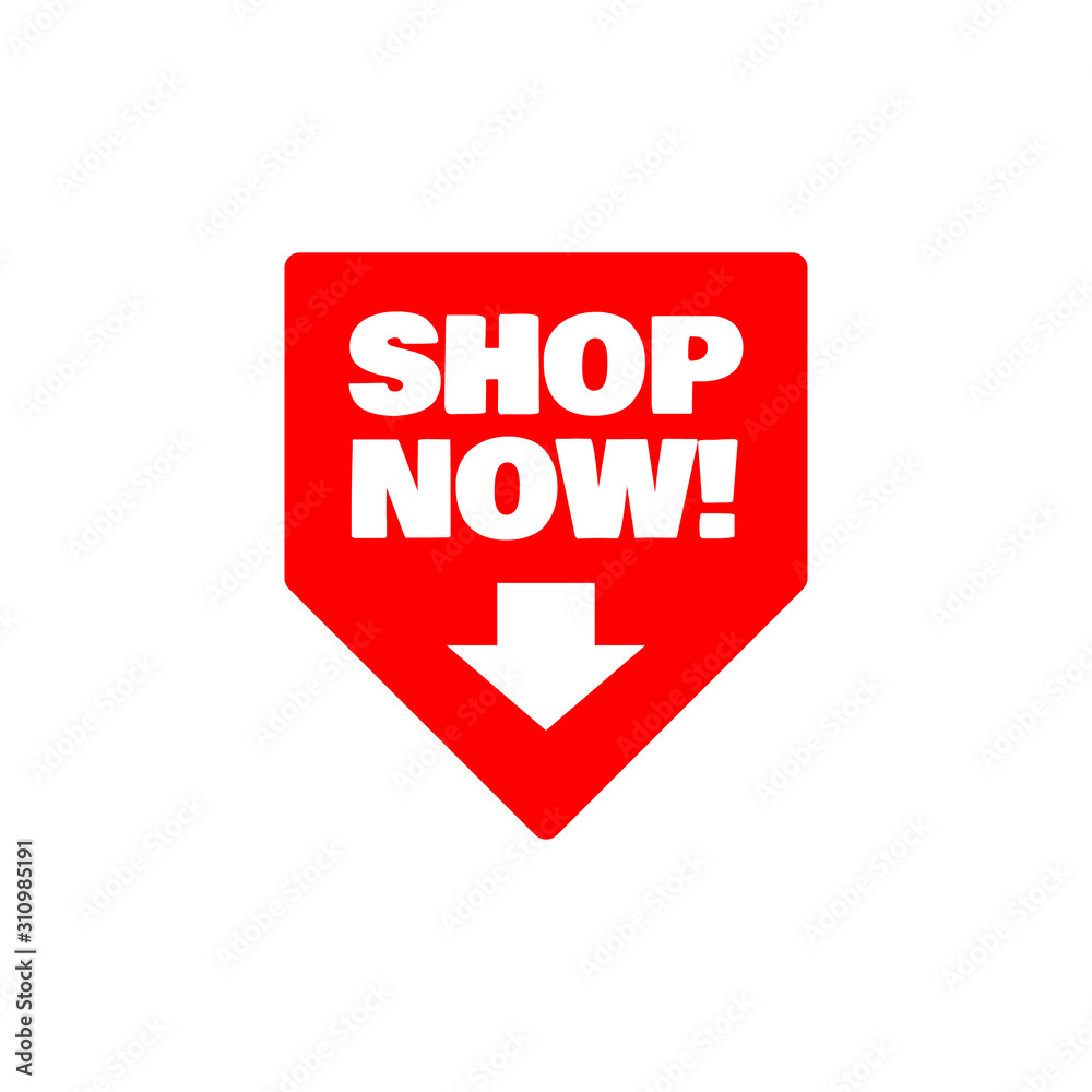 Shop now button lettering text vector design with business symbol icon template for banner site page website element