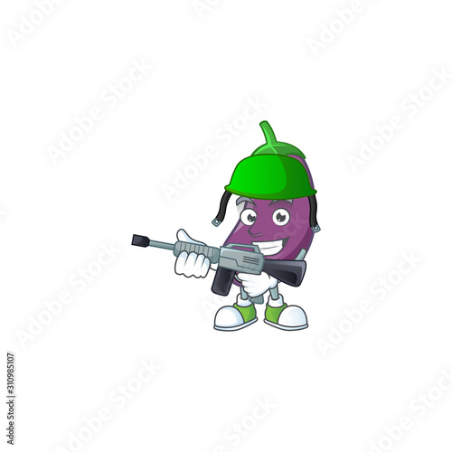 A mascot of eggplant as an Army with machine gun