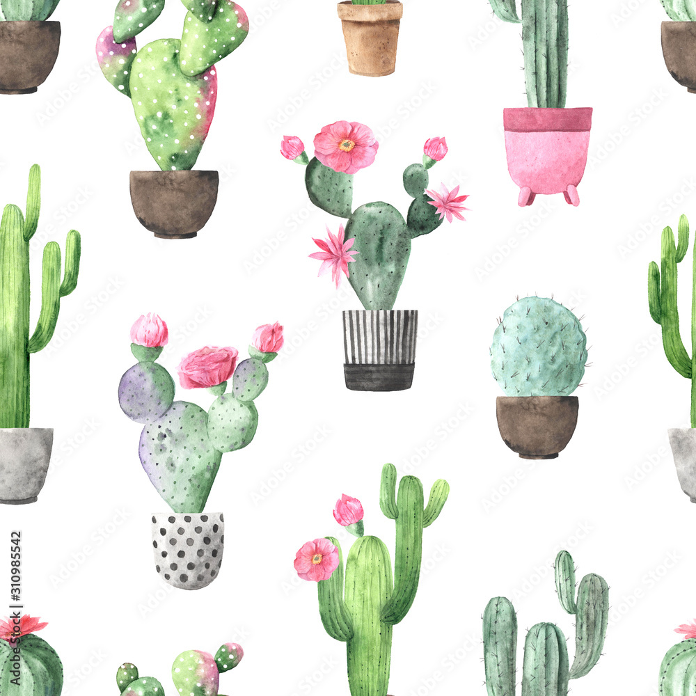 Seamless pattern with watercolor flowering cactus Seamless pattern with watercolor flowering cactus