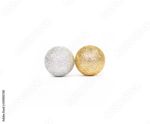 Two christmas balls golden and silver isolated on white background