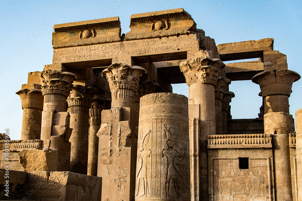 Ruins and Hieroglyphs in the famous Temple of Kom Ombo in Egypt on nile river bank