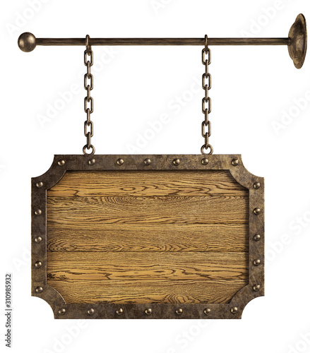 Wooden signboard hanging on chains. Isolated, clipping path included.  photo