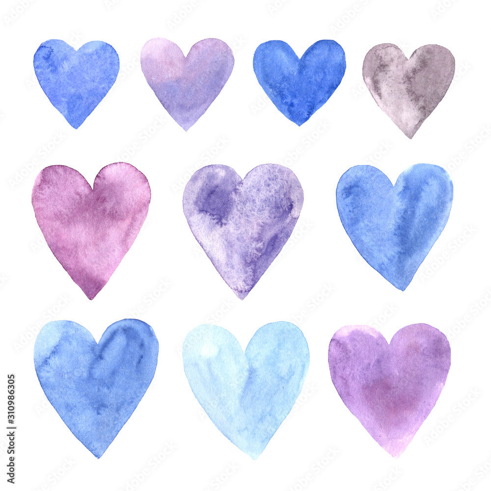 Set of hand painted watercolor hearts