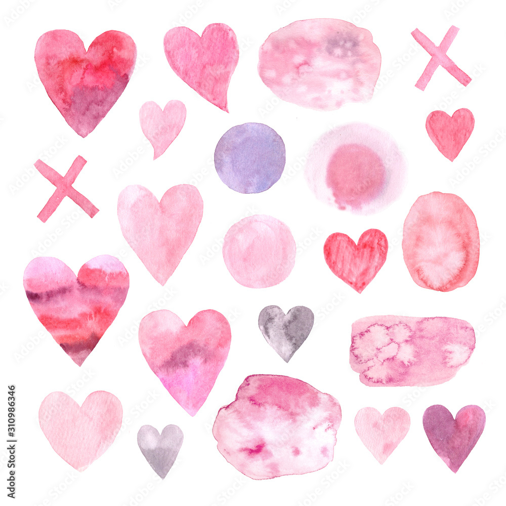Set of hand painted watercolor hearts
