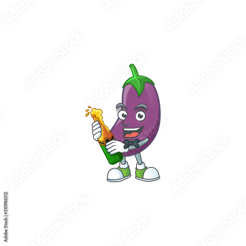 Happy eggplant with beer cartoon character design