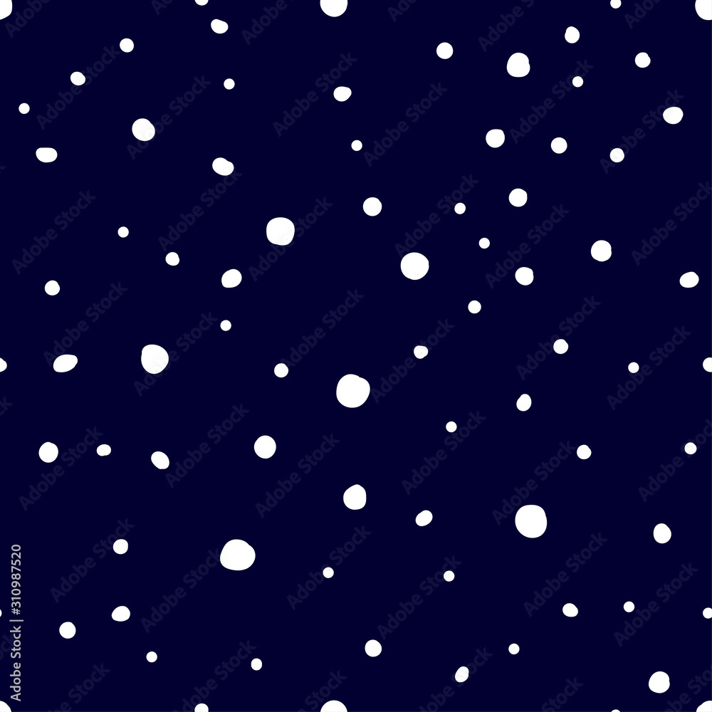 Seamless winter pattern. White random snowflakes on a dark blue sky background. Vector illustration for wallpapers, posters, wrapping paper, textile. Neutral Geometric polka Dot Pattern