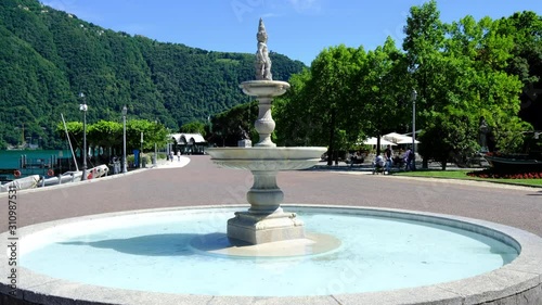 Cernobbio, Como lake, Italy. Front lake fountain. Panoramic Walk-through.
