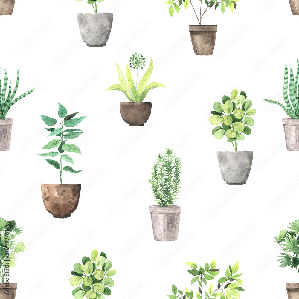 Fototapeta premium Seamless pattern with watercolor house green plants