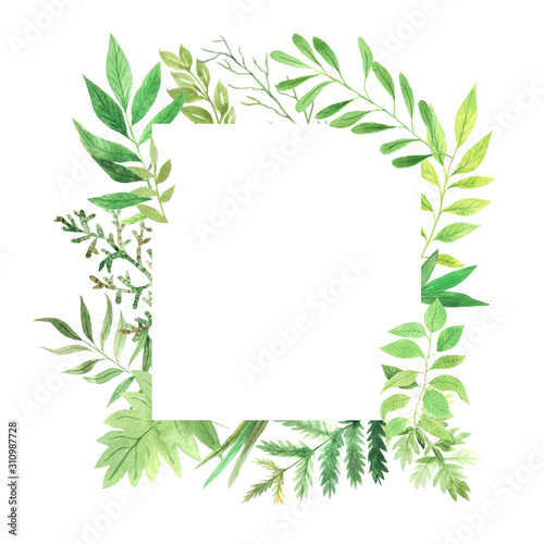 Watercolor geometric frame with green leaves