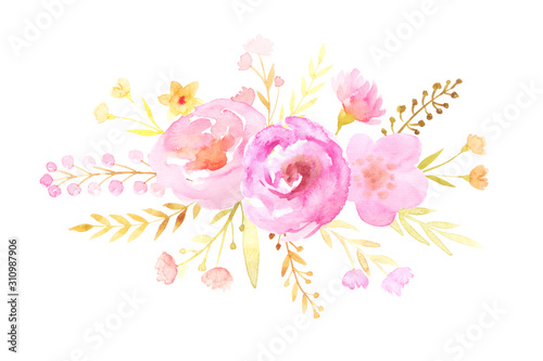 Fototapeta Naklejka Na Ścianę i Meble -  Set of hand painted pink watercolor flowers