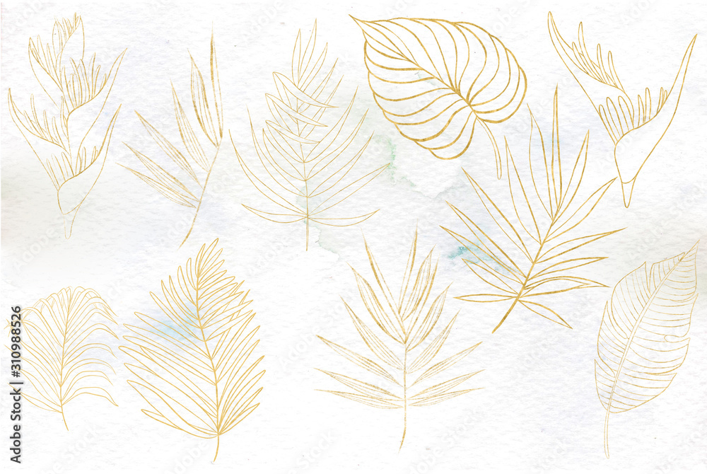 Watercolor set with gold tropical leaves, flower.