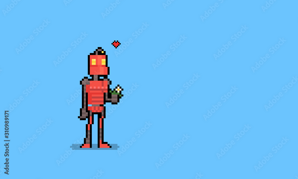 Pixel art cute cartoon robot with white flower. Pixel art cute cartoon robot with white flower.
