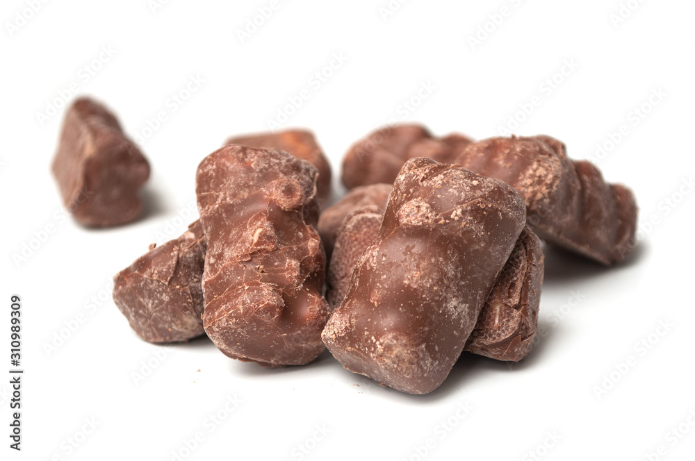 Closeup of marshmallow chocolates in shaped bear on white background