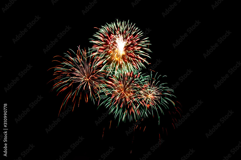 Fireworks isolated on black or dark background at night time. Fireworks isolated on black or dark background at night time.