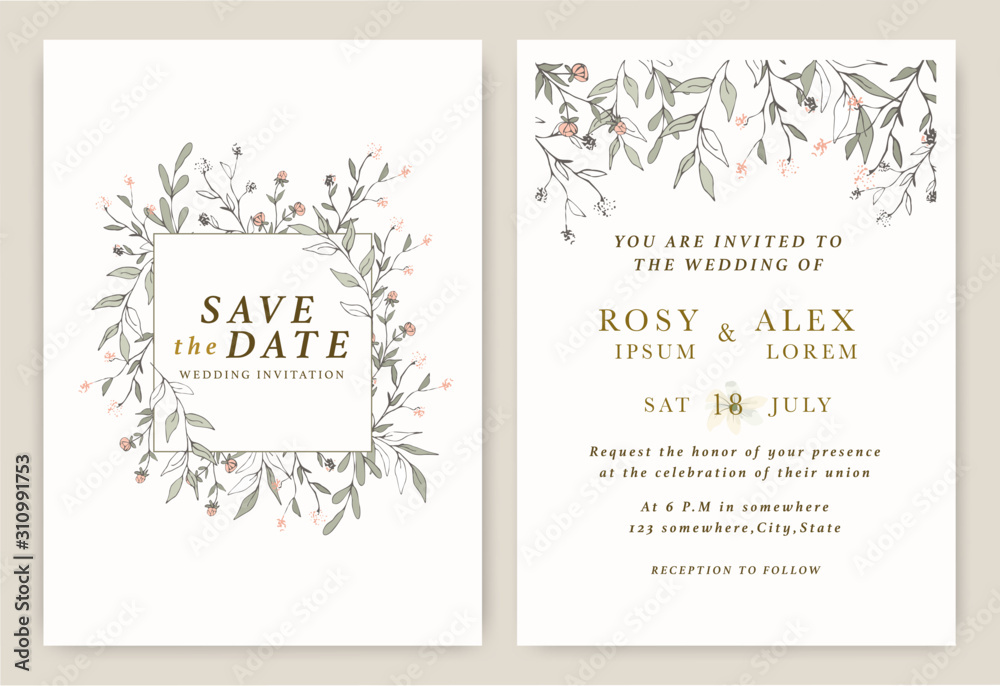 Wedding invitations save the date card with elegant garden anemone.