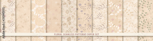 Floral seamless sepia pattern set. Flowers and leaves.. Beige vector background. Fabric and textile print