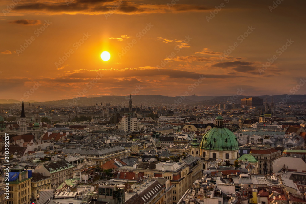 Vienna skyline at sunset from St. Stephen's Cathedral, Austria.