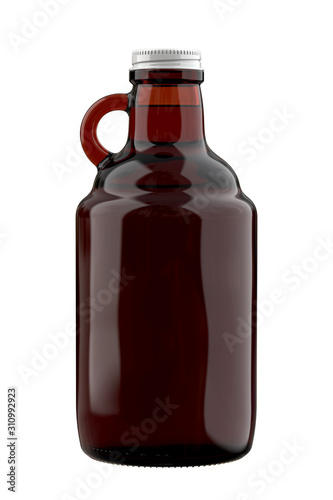 Amber Farmhouse Growler Bottle with Liquid. 3D Render Illustration Isolated on White Background.
