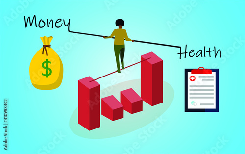 Keep the balance between money and health. which is more important will always weigh harder. A woman who sits on top of a chart and tries to keep her balance. Money dolar bag and doctor's prescription