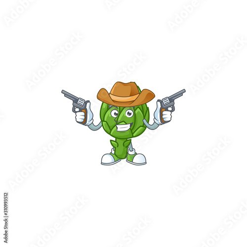 Smiling artichoke mascot icon as a Cowboy holding guns
