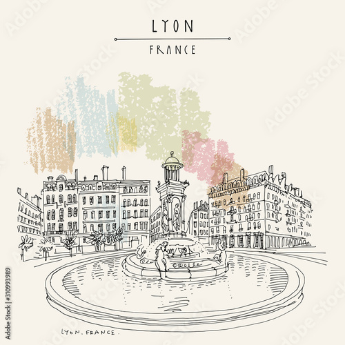 Fountain in Lyon, France, Europe.  European city illustration. Hand drawing in retro style. Travel sketch. Vintage hand drawn touristic postcard, poster or book illustration