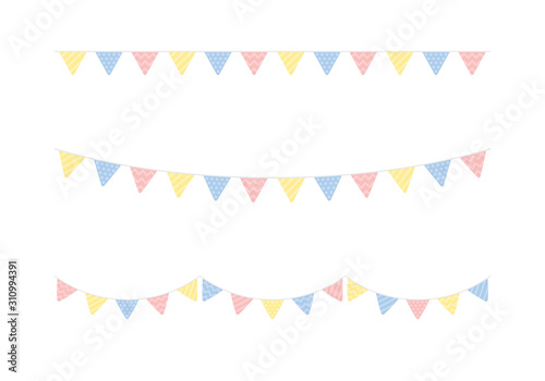 Set of seamless cute pastel colored triangle party buntings. Baby and kids party decoration. Flat vector illustration.